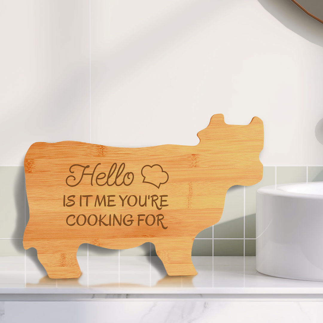 Hello Is It Me You're Cooking For (14.75 x 9.75") Cow Shape Cutting Board | Funny Decorative Kitchen Chopping Board