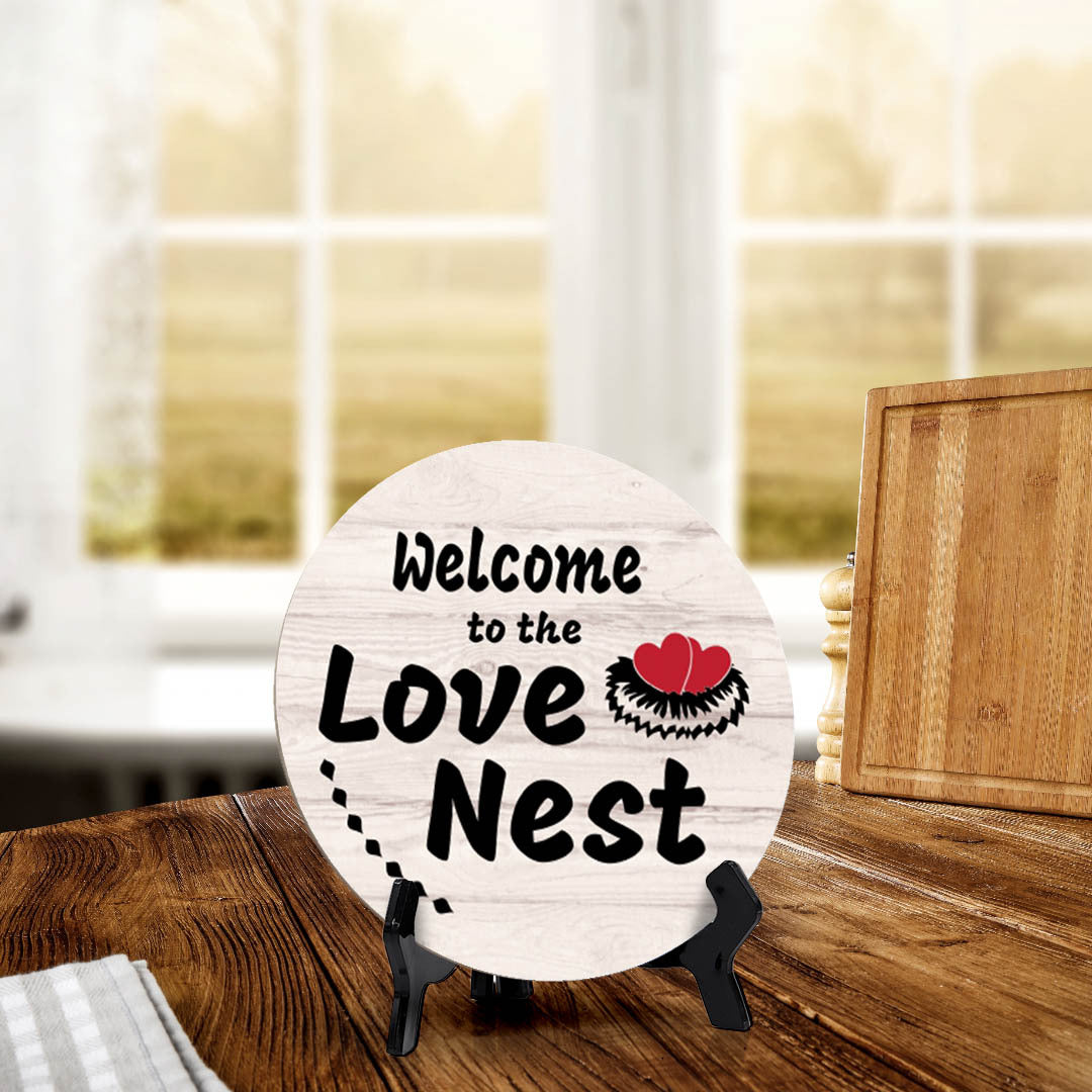 Signs ByLITA Circle Welcome to the Love Nest Wood Color, Entrance Decor Table Sign (5"x5")