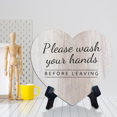 Signs ByLITA Heart Please Wash Your Hands Before Leaving, Wood Color, Table Sign (6"x5")