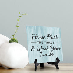 Signs ByLITA Please Flush The Toilet & Wash Your Hands, Wood Color, Square Table Sign (5" x 5”)