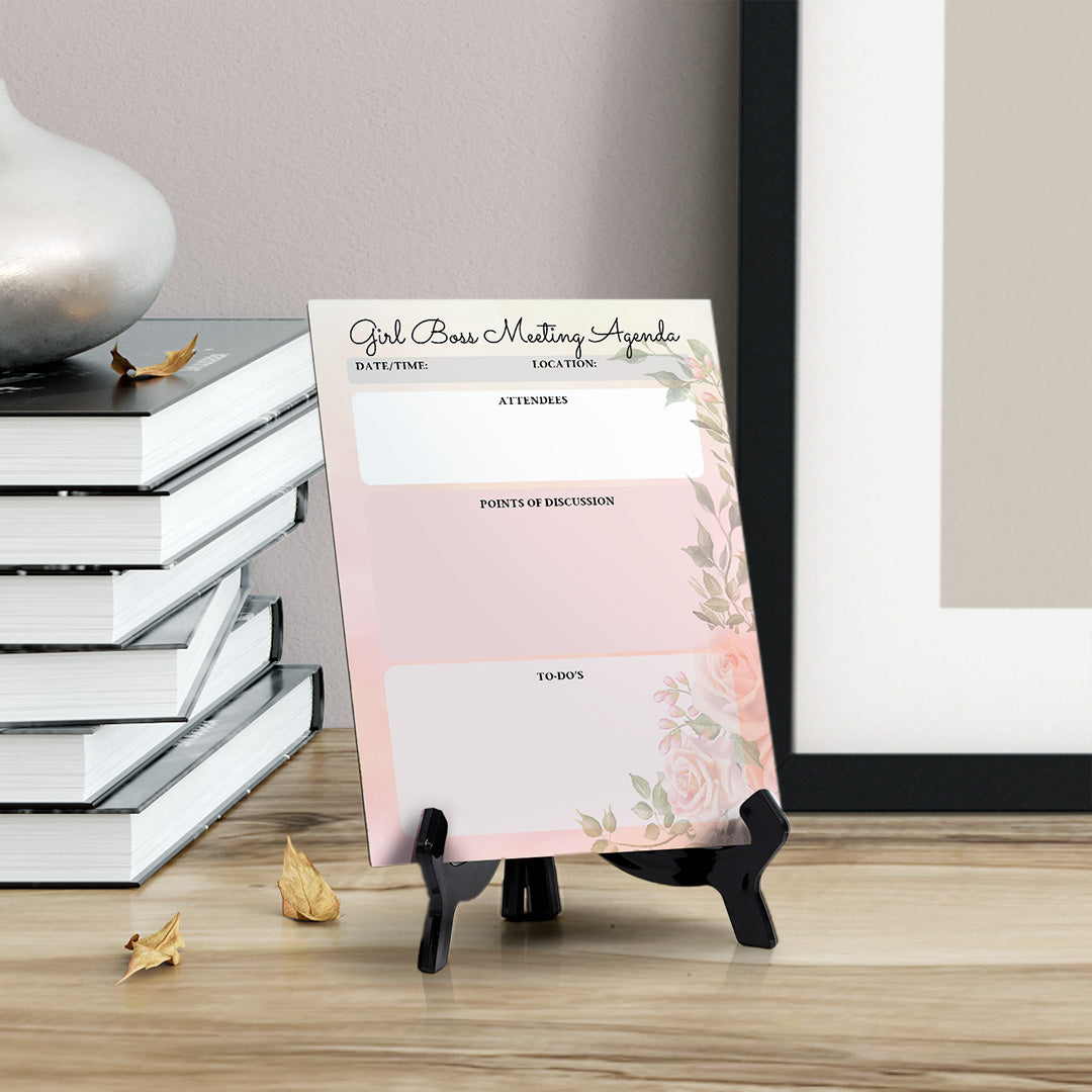 Girl Boss Meeting Agenda Dry Wipe Liquid Chalk Table Sign (6x8") Office And Home Reminders | Personal Schedule | No Pen Included