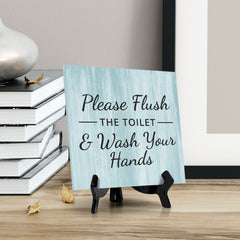Signs ByLITA Please Flush The Toilet & Wash Your Hands, Wood Color, Square Table Sign (5" x 5”)