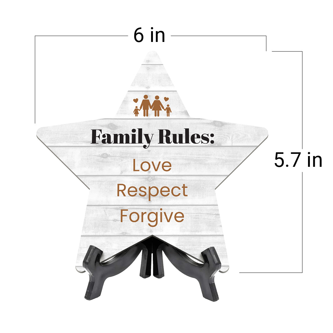 Sign ByLITA Family Rules: Love, Respect, Forgive, Wood Color, Star Bathroom Table Sign (6"x5")