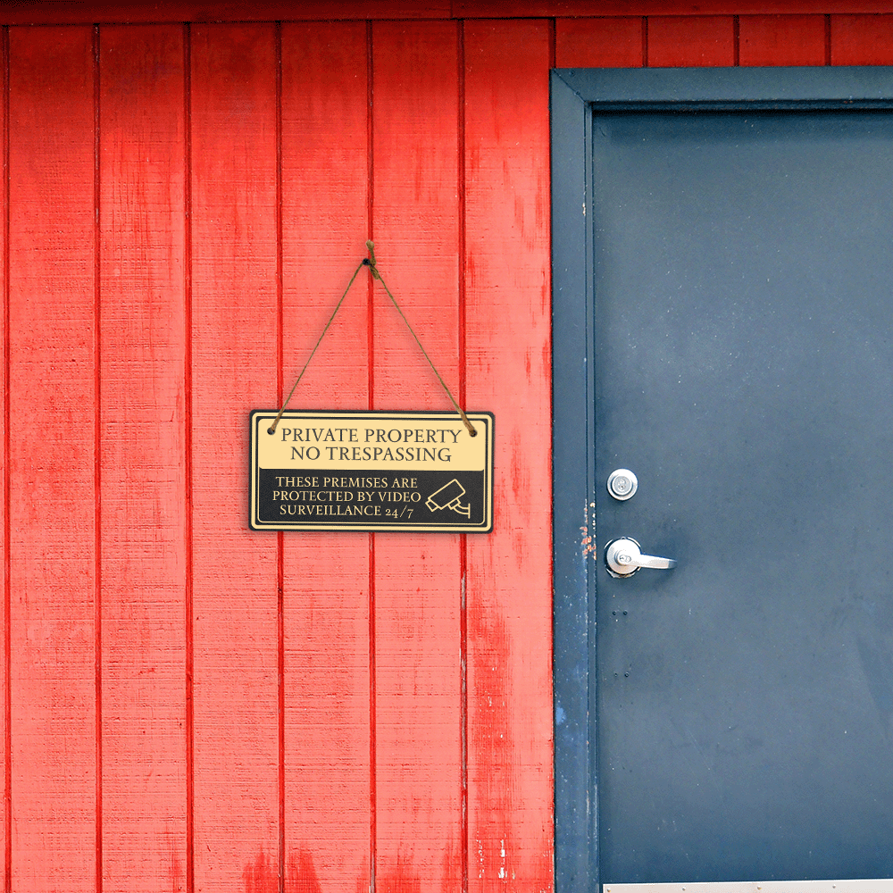 Private Property No Trespassing These Premises Are Protected by Video Surveillance 24/7 5x10 Hanging Plus Wall or Door Sign | Rustic Twine | Home and Business Security Signage