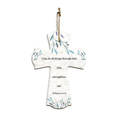 I can do all things through him who strengthens me. Philippians 4:13 11.5" x 8" Cross Hanging Sign | Rustic Twine | Inspiring Religious Bible Decor