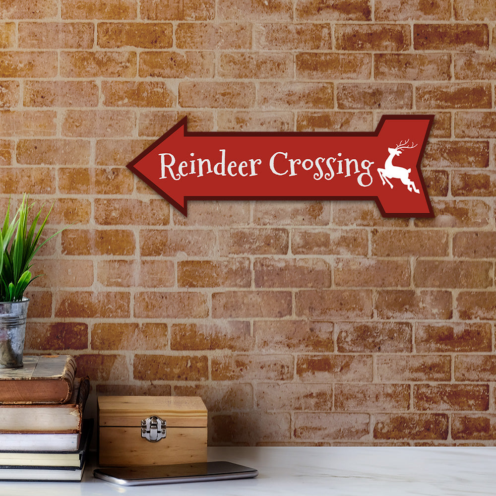Arrow Shape Plus Reindeer Crossing 12x4" Wall or Door Sign | Christmas Holiday Decoration