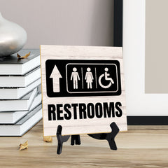 Restrooms Up Arrow 5"x 5" Square Table Sign With Acrylic Easel | Home & Office Decor