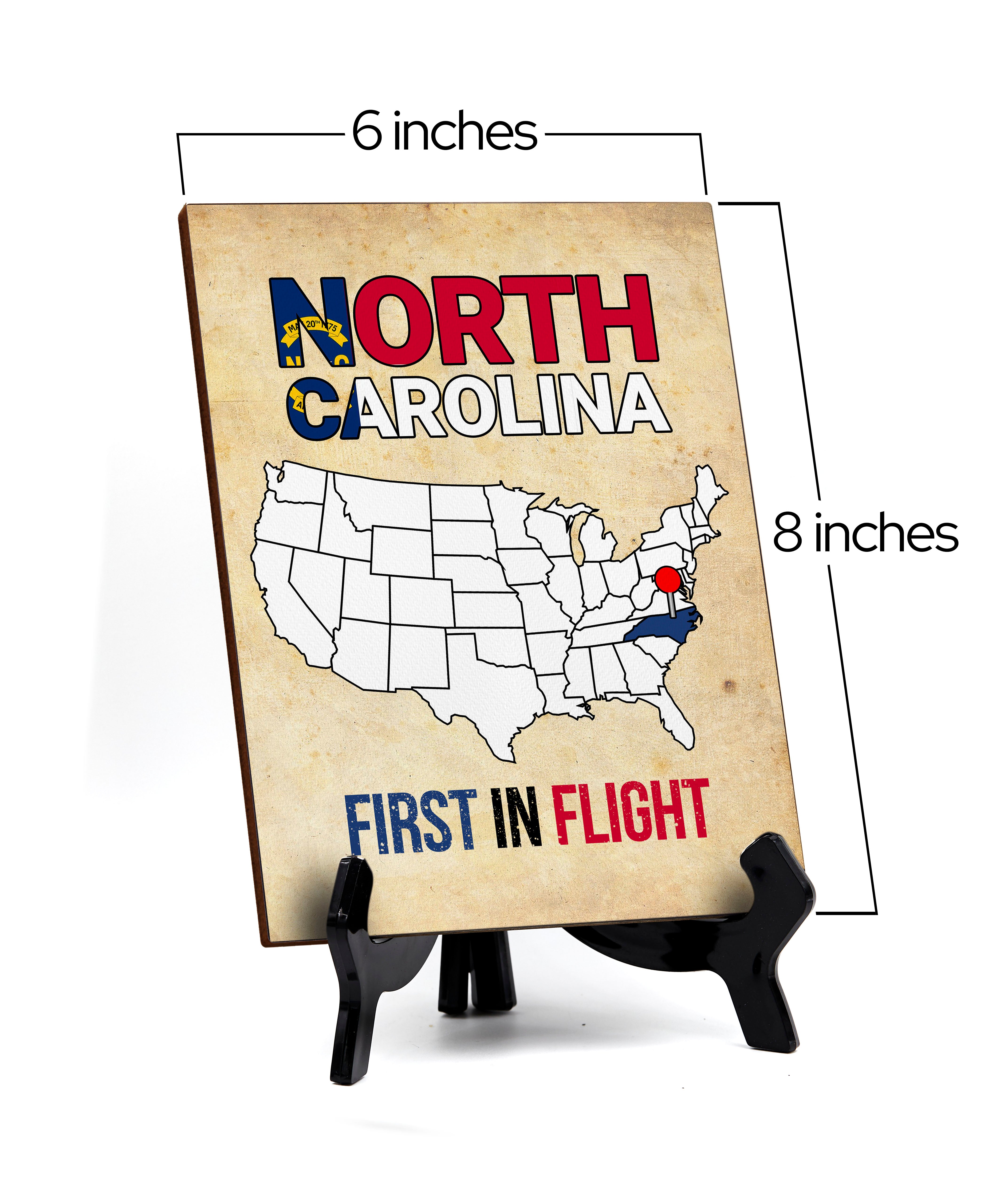 North Carolina: First in Flight Table Sign with Acrylic Stand (6x8“) | State Pride Collection | Perfect Gift for Coworkers or Family