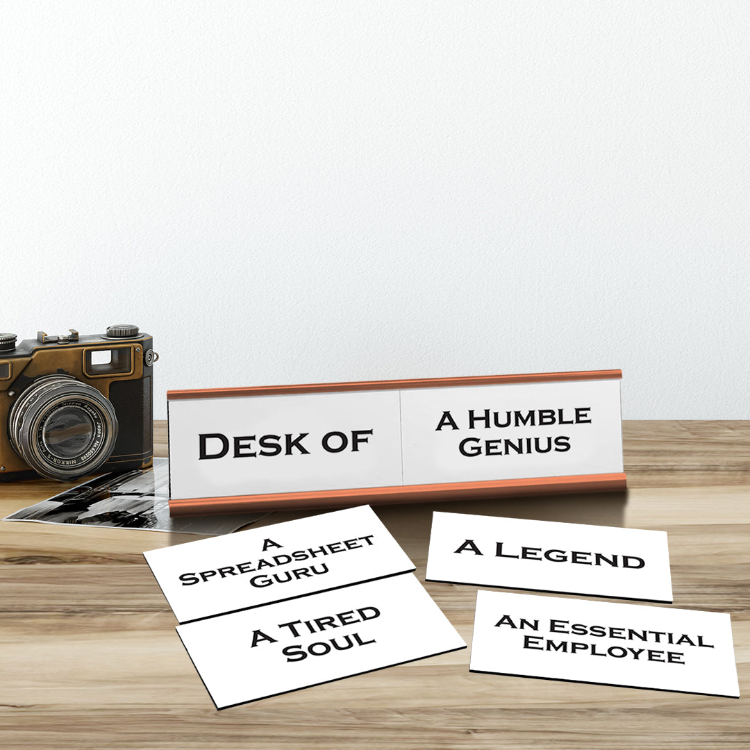 Describe your Desk Word Play Nameplate, Rose Gold Desk Sign, Novelty Gift Nameplate, 6 Interchangeable Tiles (2 x 8")