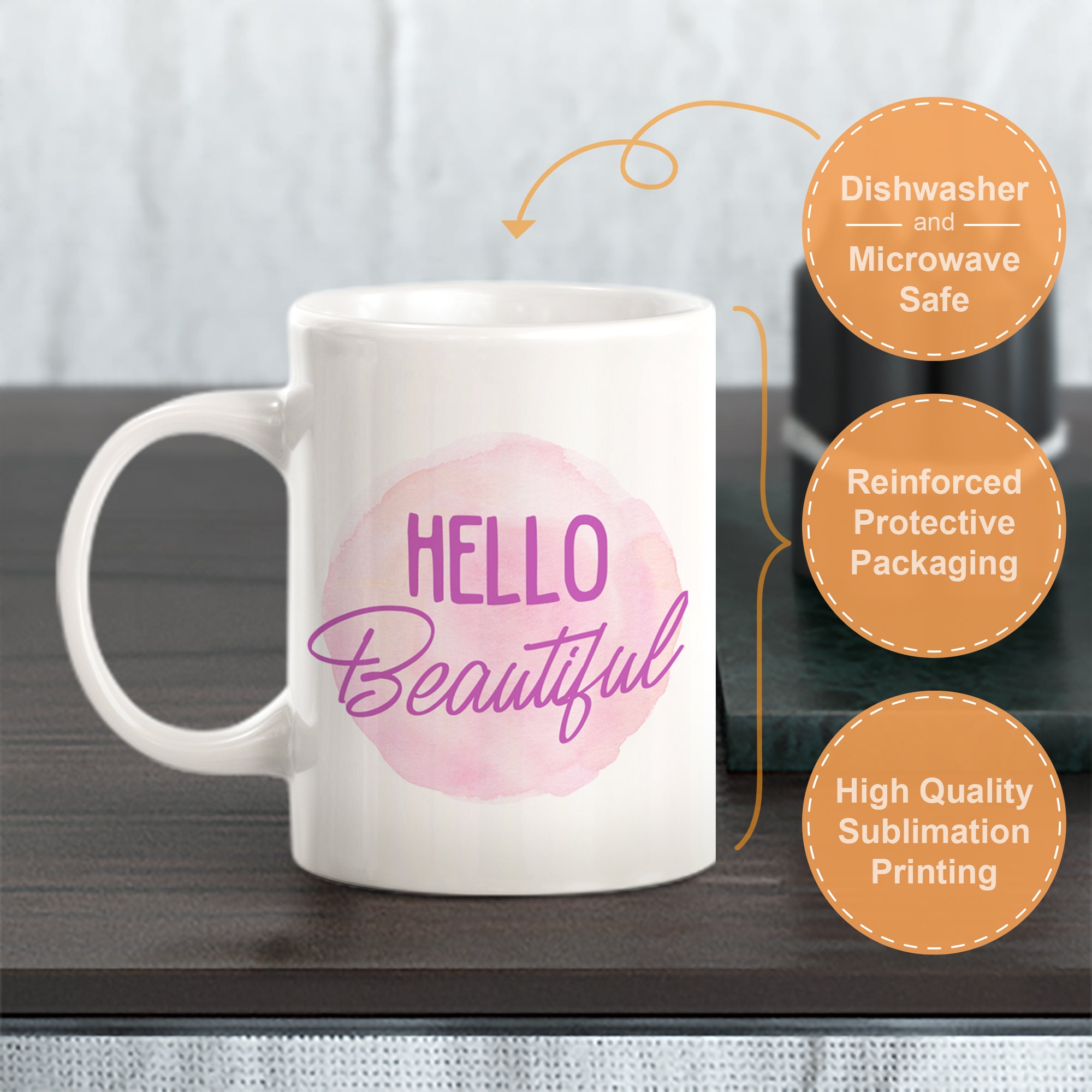 Hello Beautiful Coffee Mug for Women - Cute Rose Pink and Gold