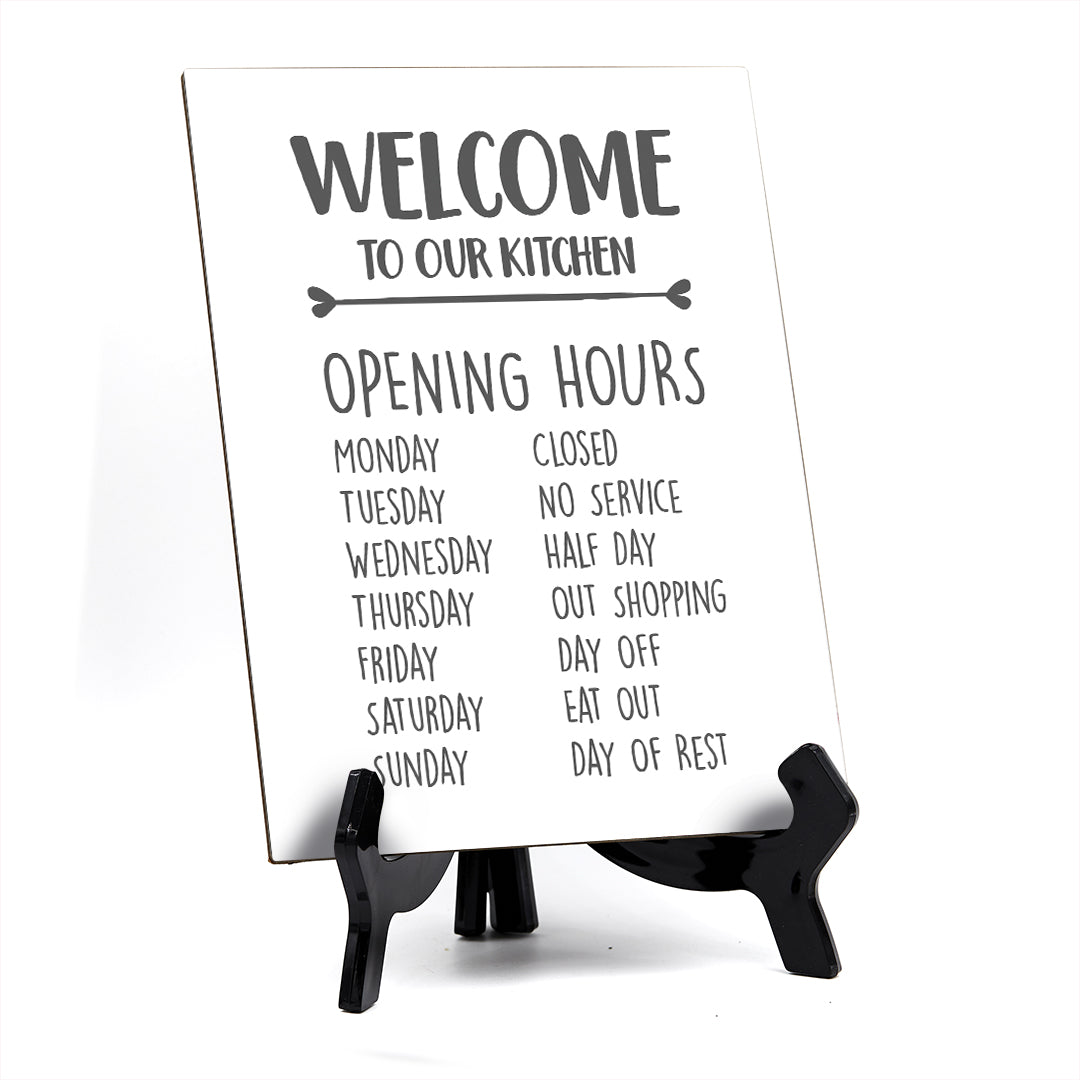 Welcome To Our Kitchen Grey / White Table Sign with Easel Stand, 6" x 8"