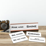 Rise and Shine Word Play Nameplate, Rose Gold Desk Sign, Novelty Gift Nameplate, 6 Interchangeable Tiles (2 x 8")