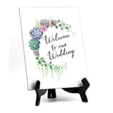 Welcome to Our Wedding Table Sign with Easel, Floral Crescent Design (6" x 8")
