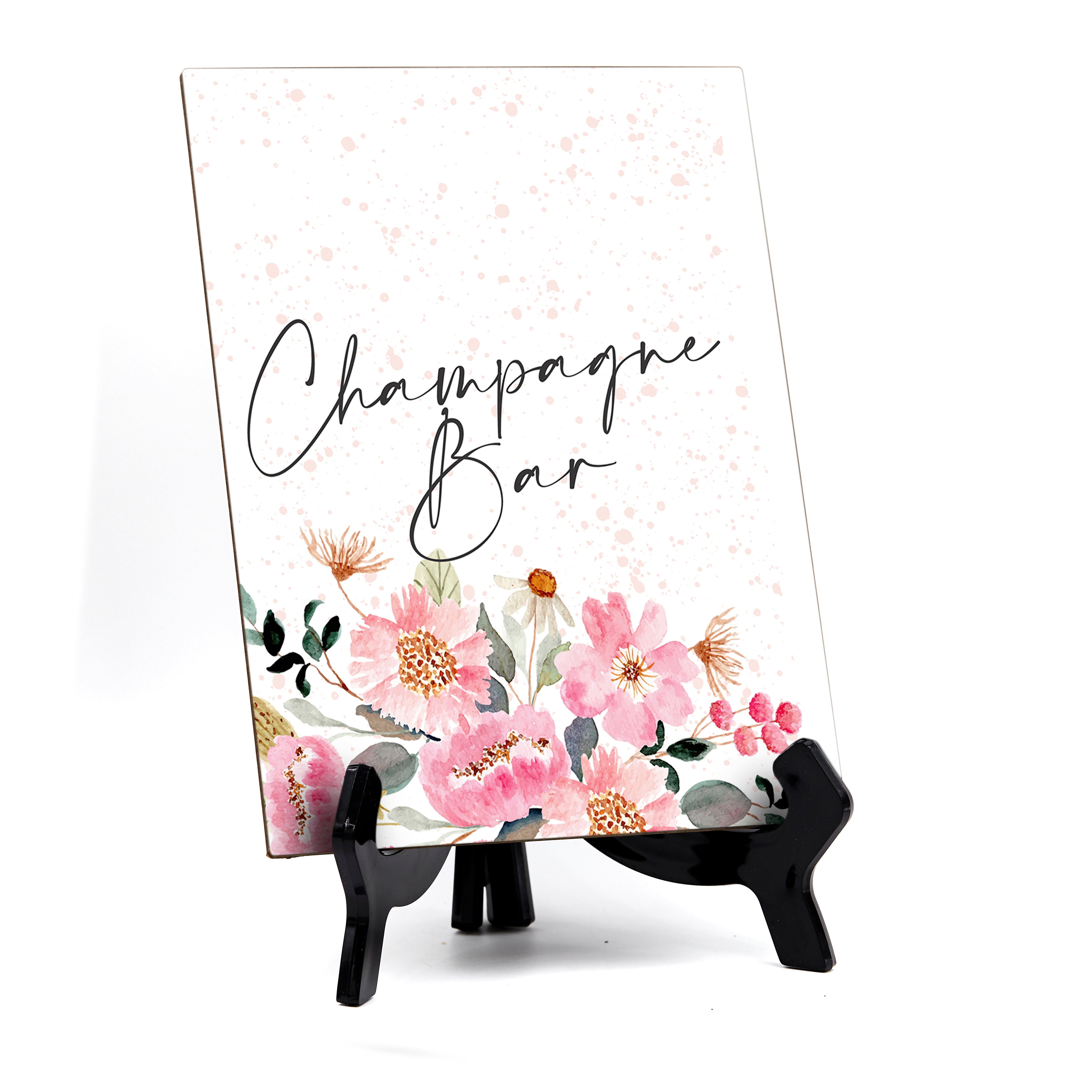 Champagne Bar Table Sign with Easel, Floral Watercolor Design (6" x 8")