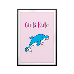 Girls Rule Cute Dolphin UNFRAMED Print Kids Bathroom Wall Art