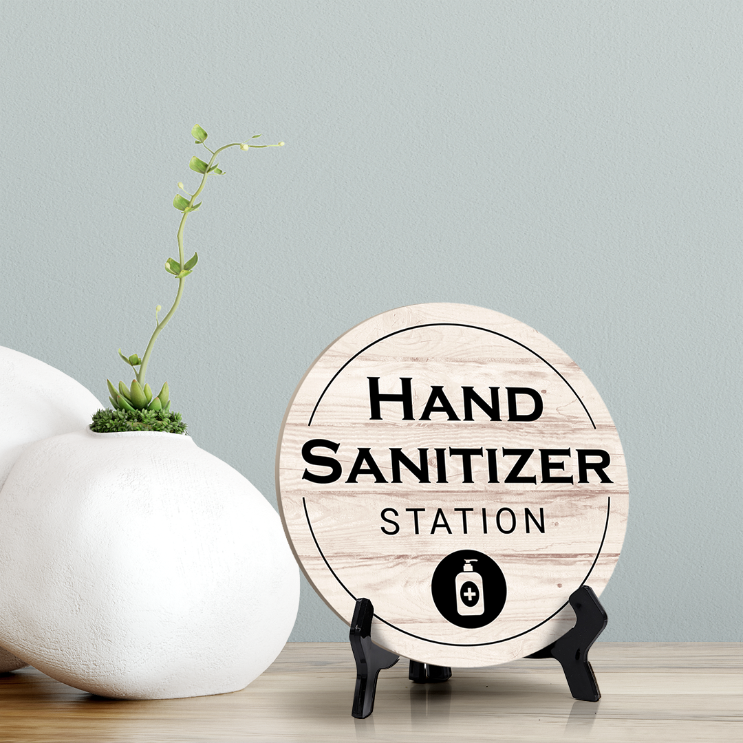 Round Hand Sanitizer Station, Decorative Bathroom Table Sign with Acrylic Easel (5 x 5")