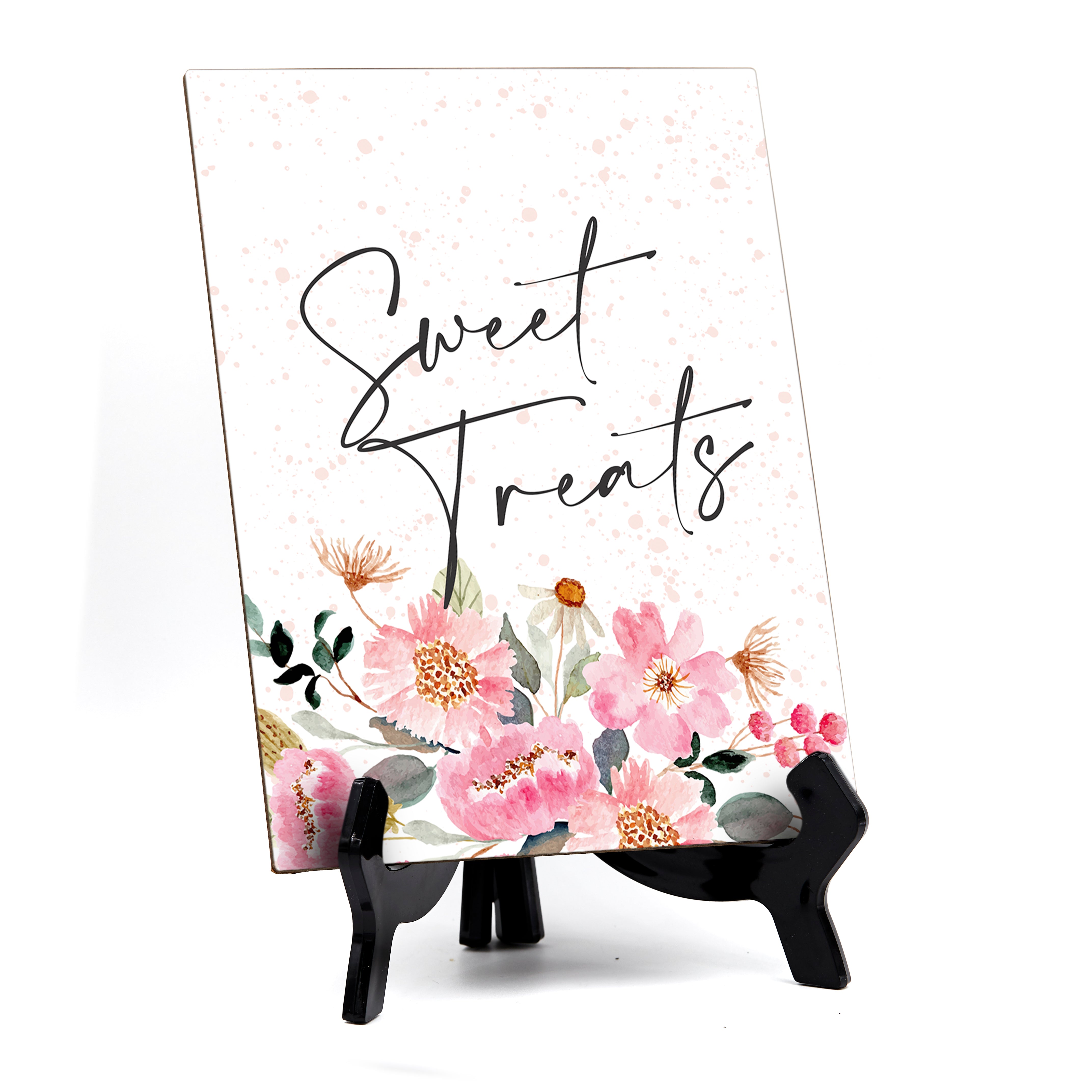 Sweet Treats Table Sign with Easel, Floral Watercolor Design (6" x 8")