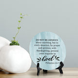 Round Do Not Be Anxious About Anything... Philippians 4:6-7 Blue Wood Color Circle Table Sign (5x5")