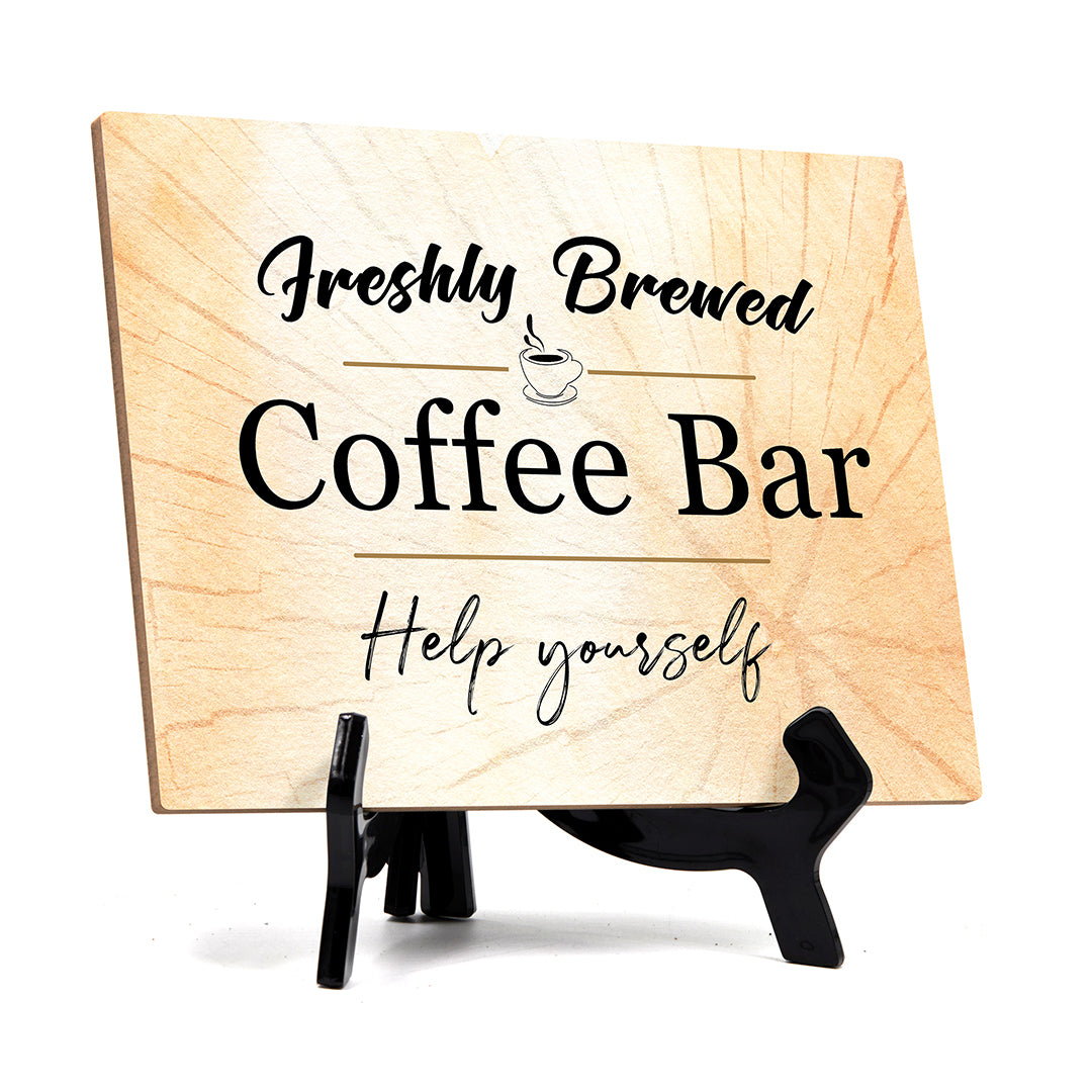 Freshly Brewed Coffee Bar Help Yourself Table or Counter Sign with Easel Stand, 6" x 8"