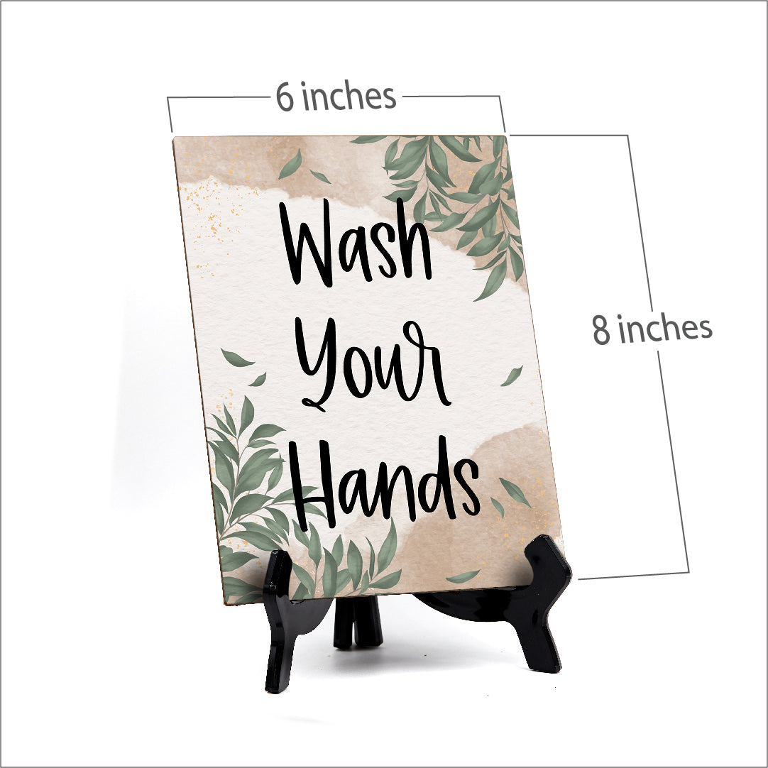 Wash Your Hands Table Sign with Green Leaves Design (6 x 8")