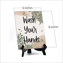 Wash Your Hands Table Sign with Green Leaves Design (6 x 8")