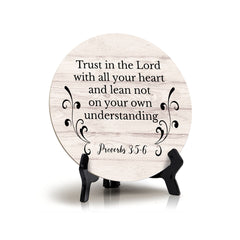 Round Trust In The Lord With All Your Heart And Lean Not On Your Own Understanding Proverbs 3:5-6 Wood Color Circle Table Sign (5x5")
