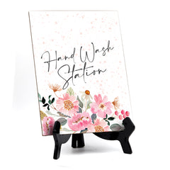 Hand Wash Station Sign with Easel, Floral Watercolor Design (6" x 8")