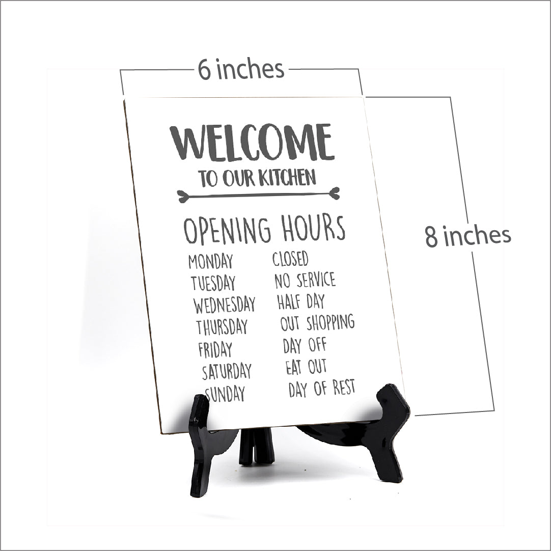 Welcome To Our Kitchen Grey / White Table Sign with Easel Stand, 6" x 8"