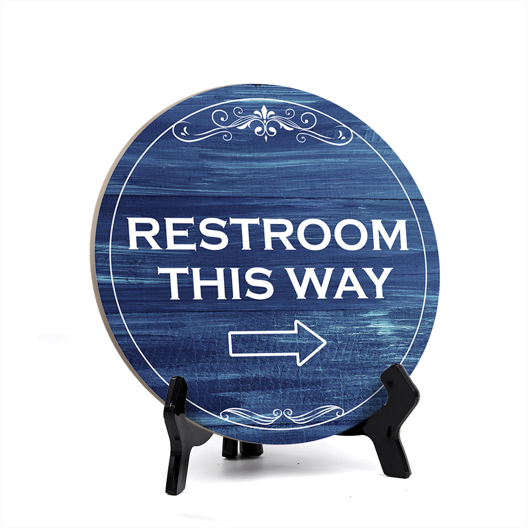 Round Restroom This Way, Decorative Bathroom Table Sign with Acrylic Easel (5 x 5")