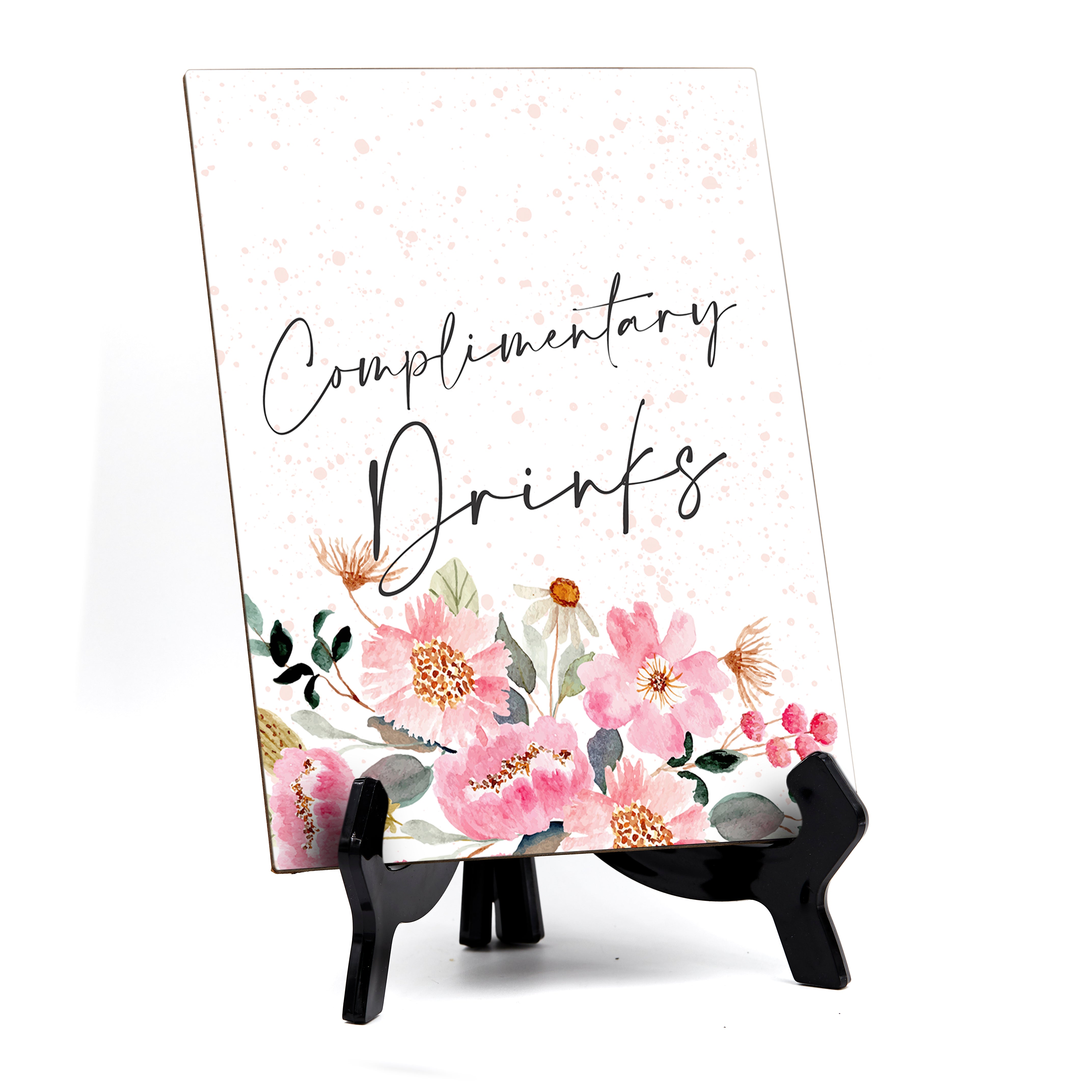 Complimentary Drinks Table Sign with Easel, Floral Watercolor Design (6" x 8")