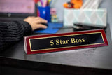 Piano Finished Rosewood Novelty Engraved Desk Name Plate '5 Star Best Boss', 2" x 8", Black/Gold Plate