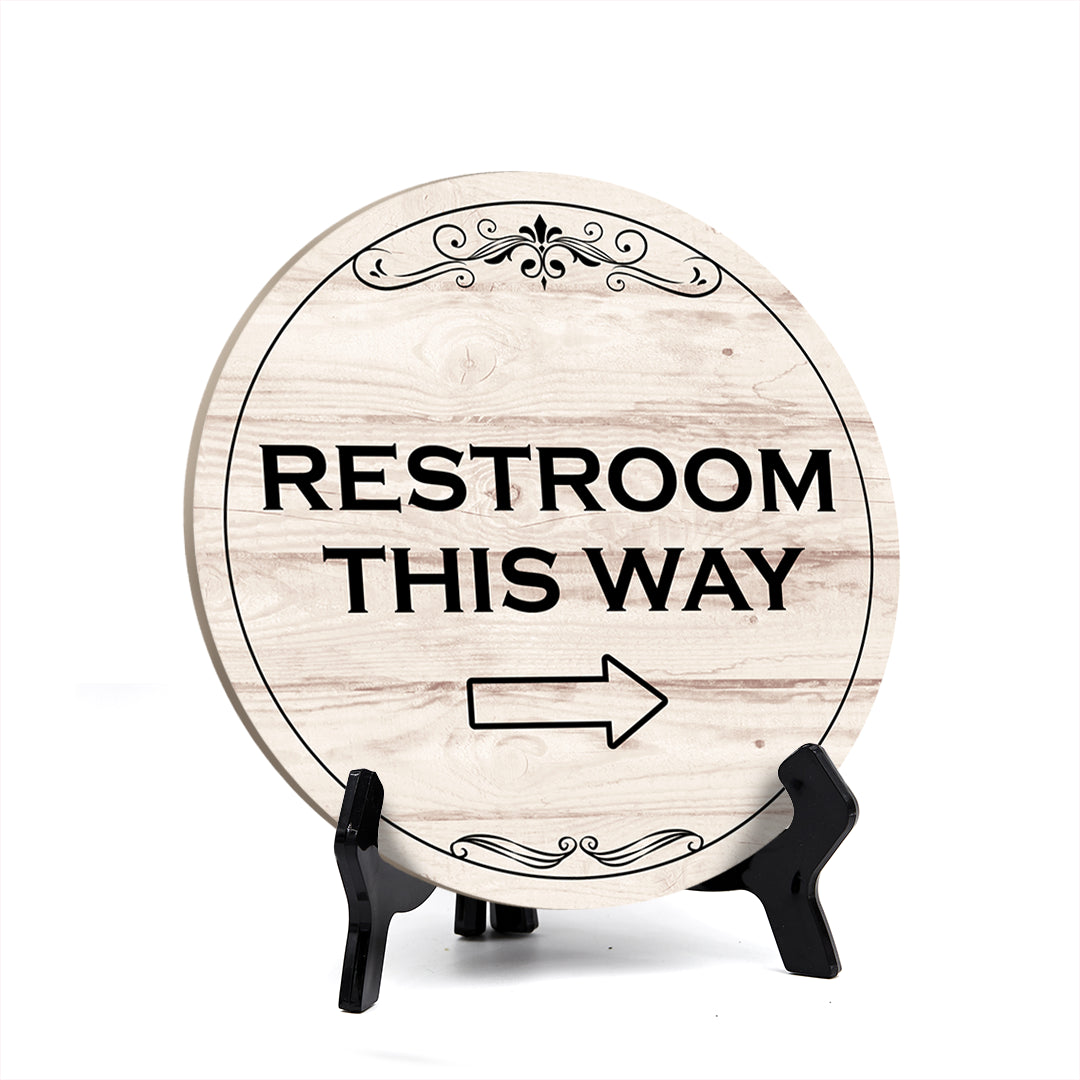 Round Restroom This Way, Decorative Bathroom Table Sign with Acrylic Easel (5 x 5")