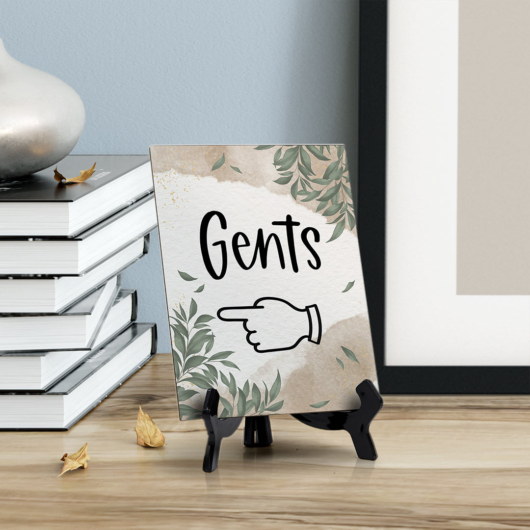 Gents "Hand Pointing Left" Table Sign with Green Leaves Design (6 x 8")