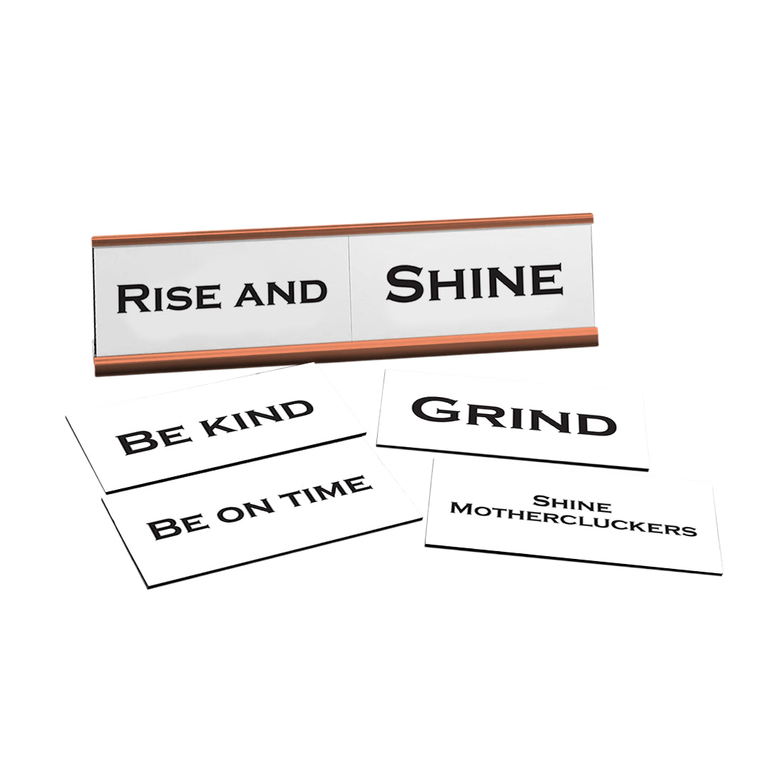 Rise and Shine Word Play Nameplate, Rose Gold Desk Sign, Novelty Gift Nameplate, 6 Interchangeable Tiles (2 x 8")
