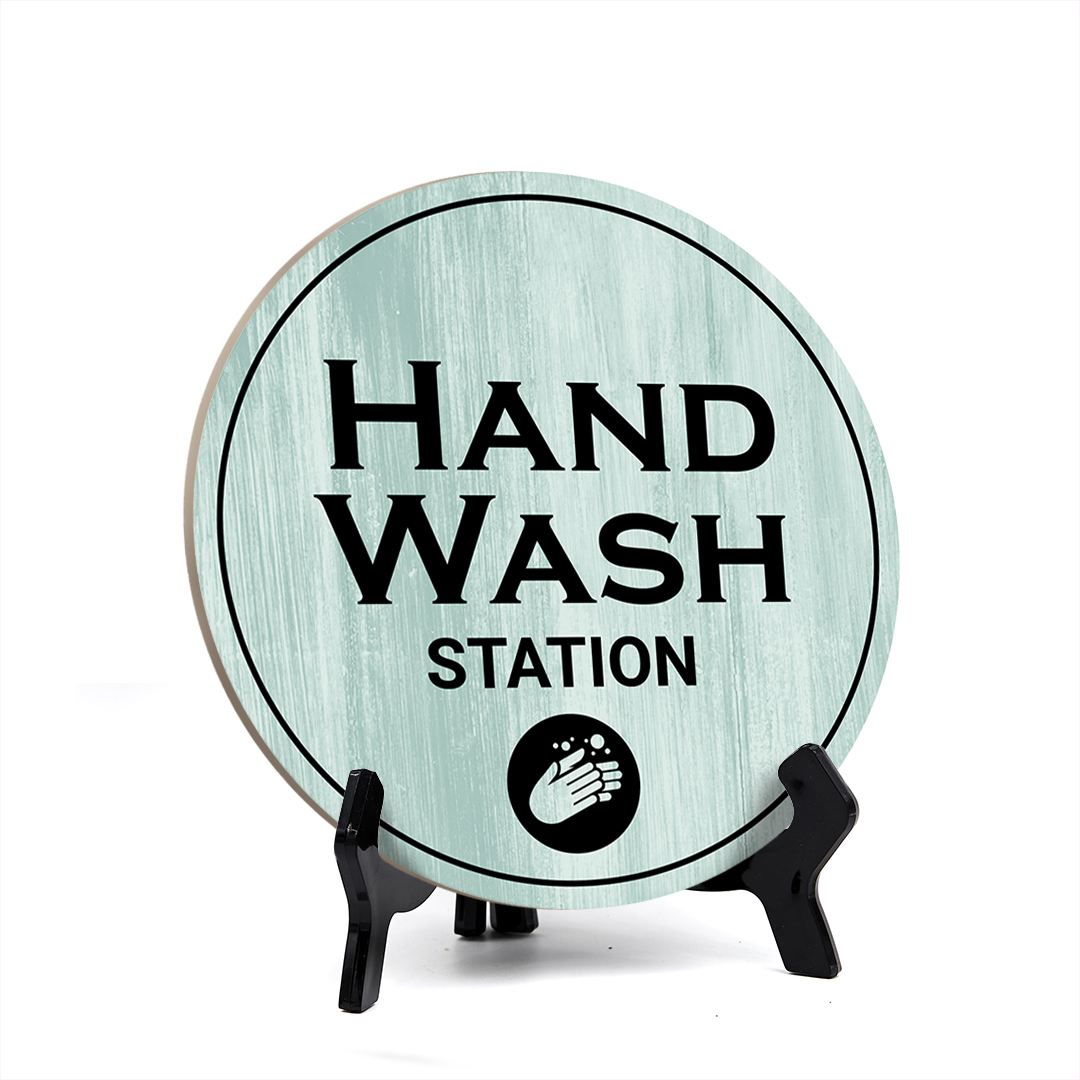 Round Hand Wash Station, Decorative Bathroom Table Sign with Acrylic Easel (5 x 5")