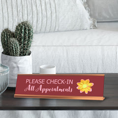 Please Check-In All Appointments, Flower Gold Frame Desk Sign (2 x 8")