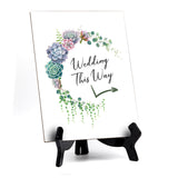 Wedding This Way Sign with Easel, Floral Crescent Design (6 x 8")