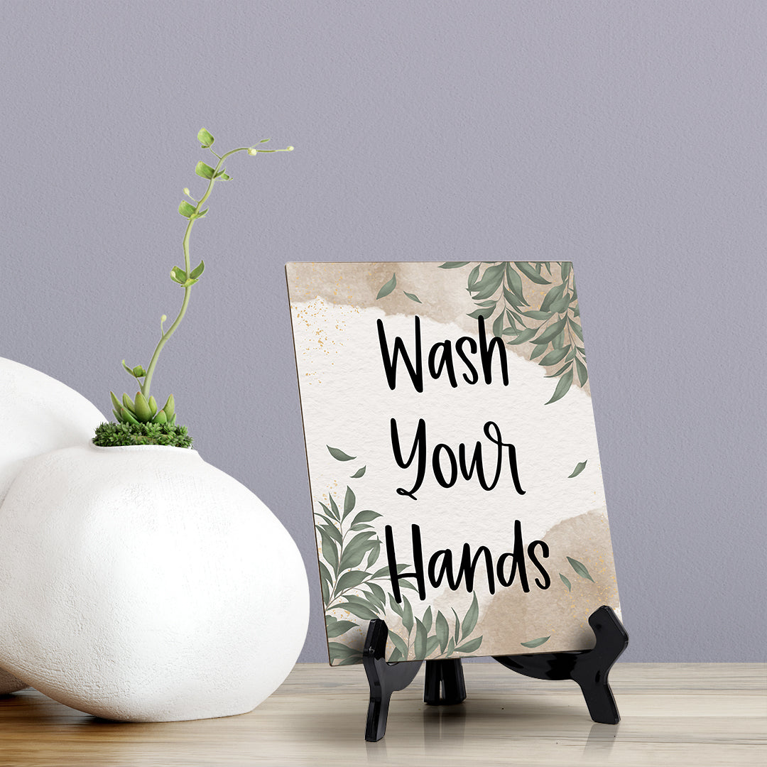 Wash Your Hands Table Sign with Green Leaves Design (6 x 8")