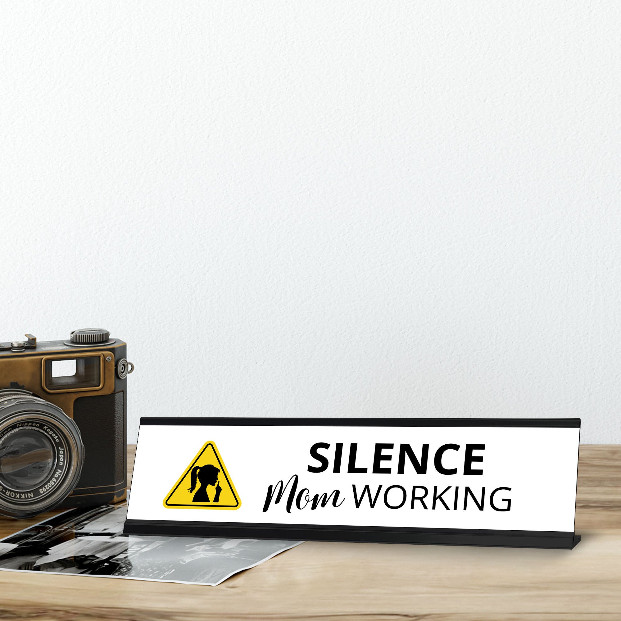 Silence Mom Working, Black Frame Desk Sign (2x8¨)
