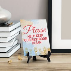 Signs ByLita Please Help Keep Our Restroom Clean, Blue Watercolor Table Sign (6 x 8")