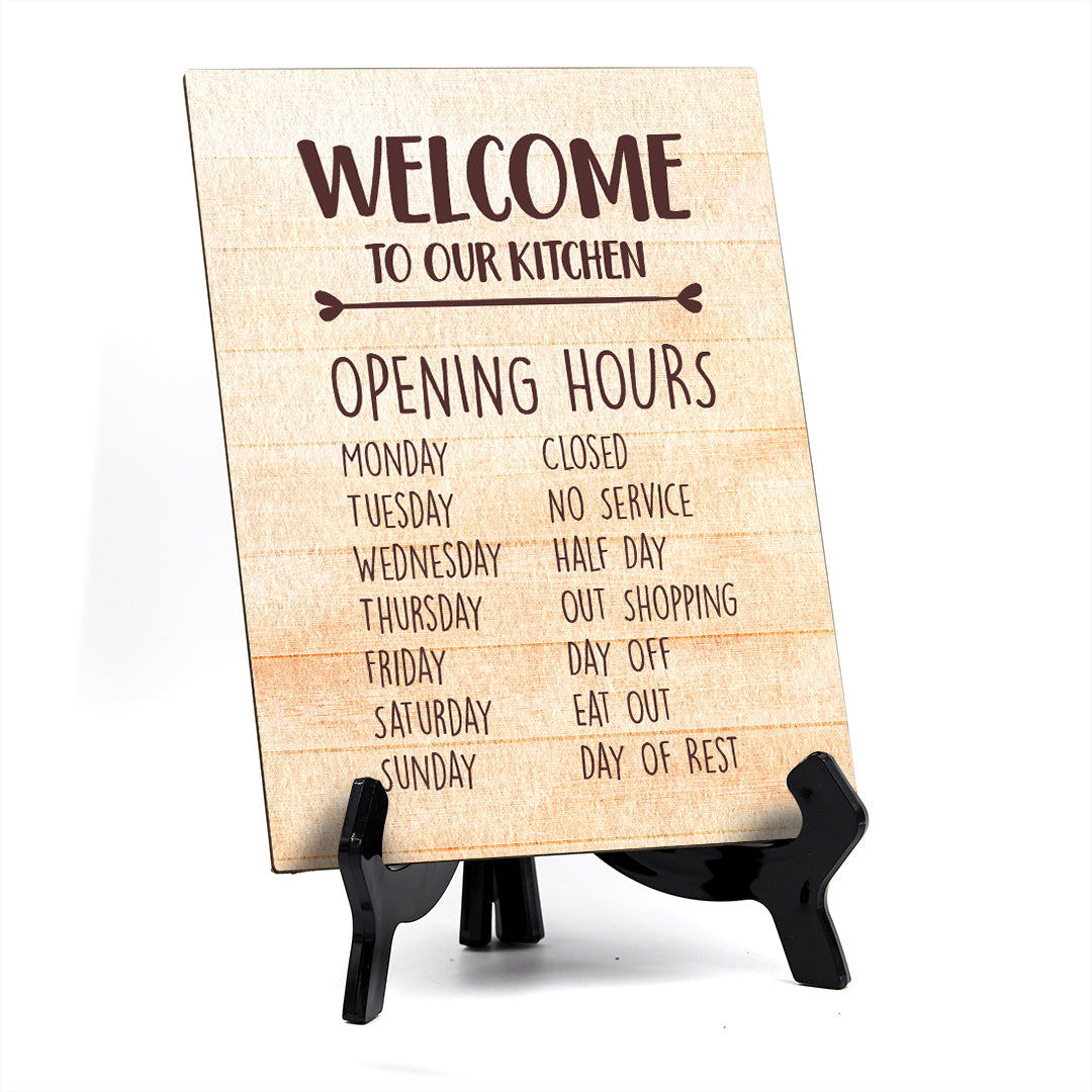 Welcome To Our Kitchen Table or Counter Sign with Easel Stand, 6" x 8"