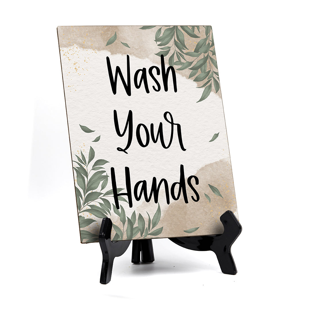 Wash Your Hands Table Sign with Green Leaves Design (6 x 8")