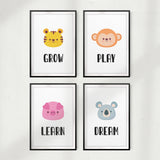 Grow Play Learn Dream (Set of 4) UNFRAMED Print Home Décor, Kids Wall Art