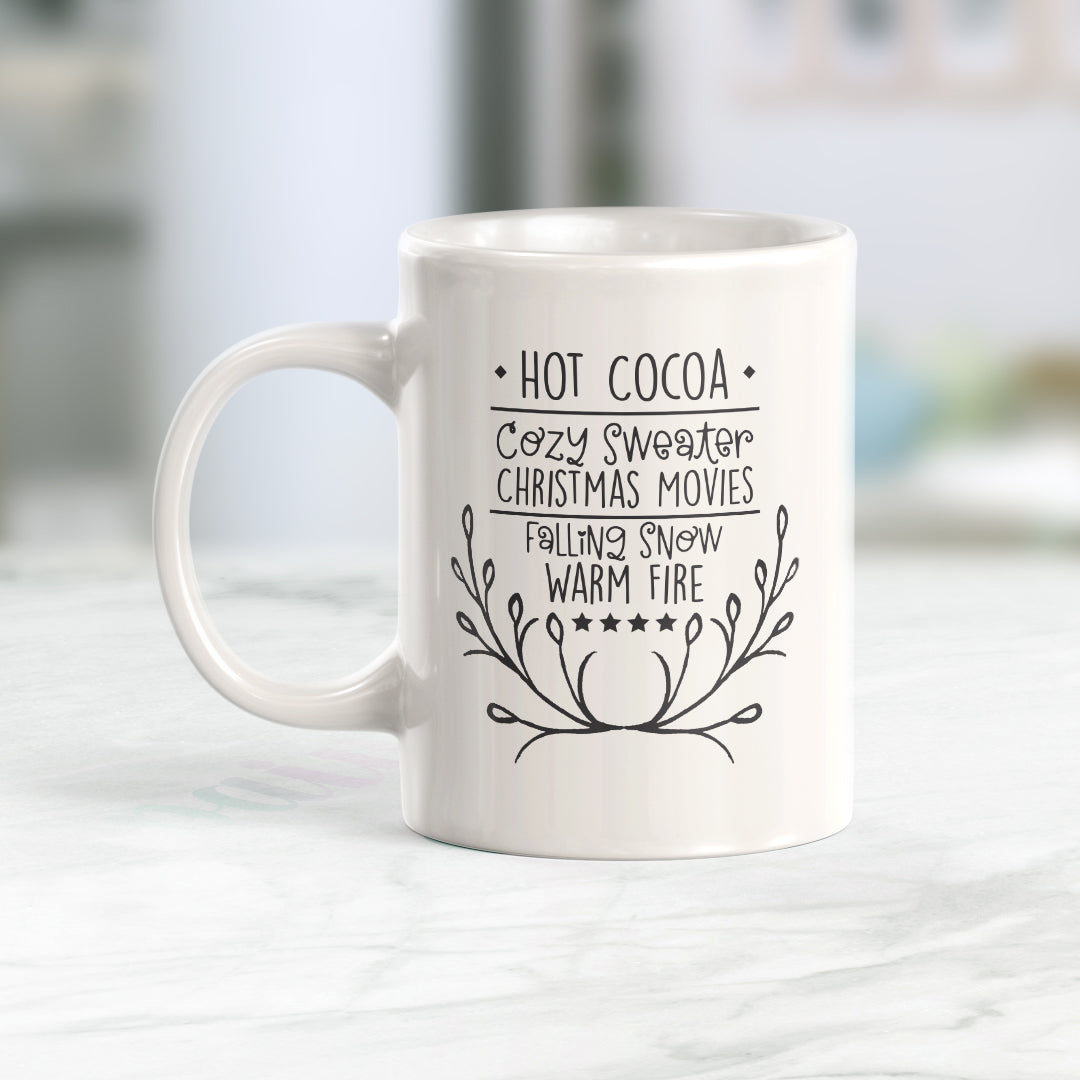 Hot Cocoa Cozy Sweater Christmas Movies Falling Snow Warm Fire Coffee Mug