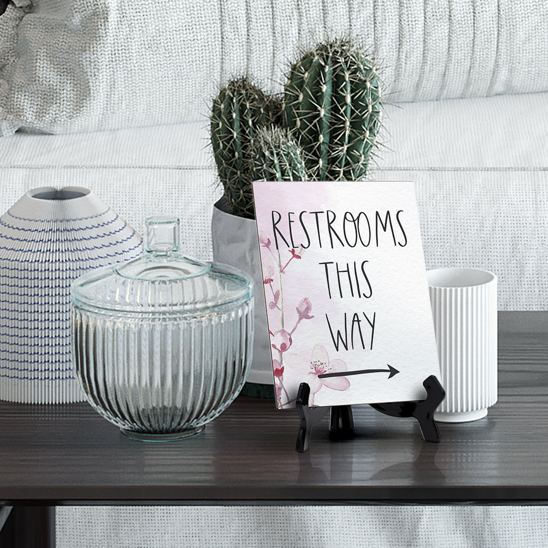 Restrooms This Way (Right Arrow) Table Sign with Easel, Floral Vine Design (6 x 8")