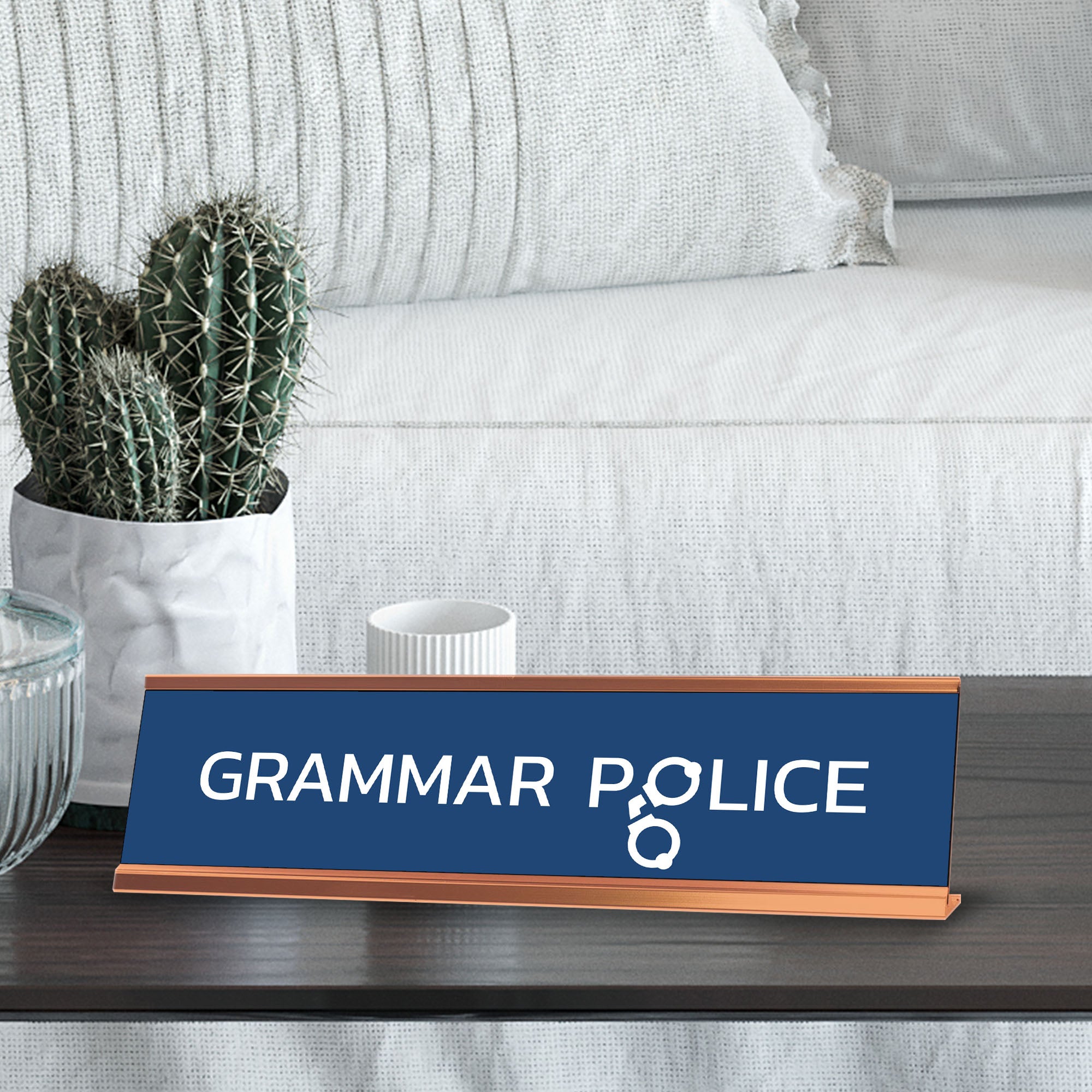 Grammar Police Hand Cuffs, Gold Frame, Desk Sign (2x8¨)