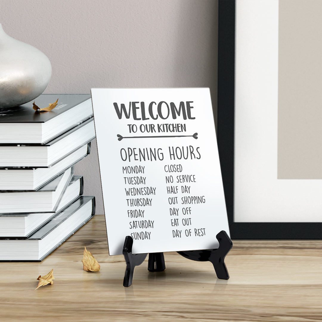 Welcome To Our Kitchen Grey / White Table Sign with Easel Stand, 6" x 8"