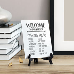 Welcome To Our Kitchen Grey / White Table Sign with Easel Stand, 6" x 8"