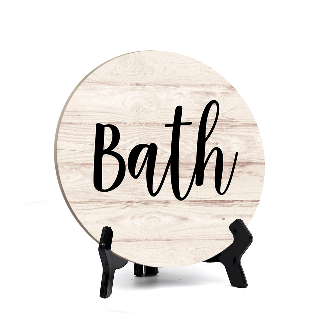 Round Bath, Decorative Bathroom Table Sign with Acrylic Easel (5 x 5")