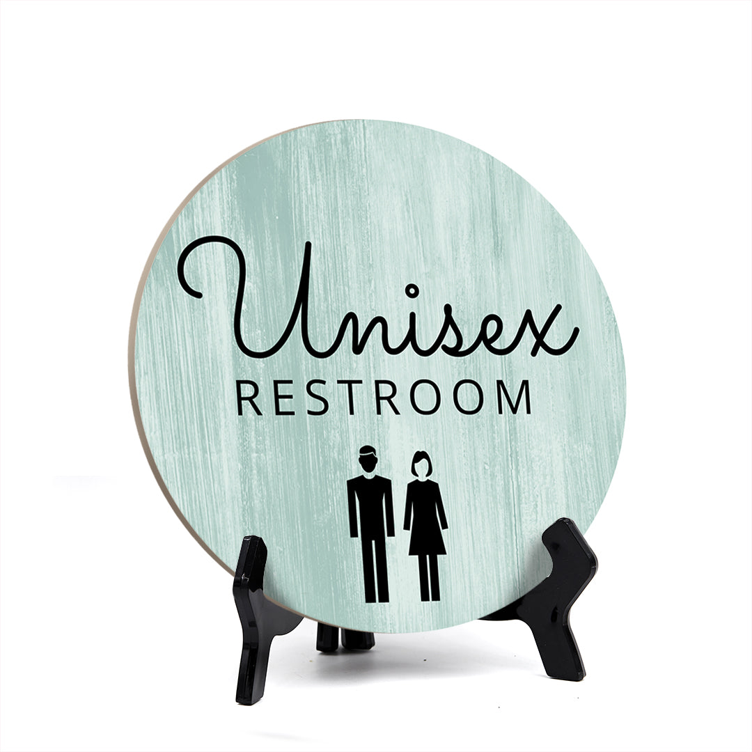 Round Unisex Restroom, Decorative Bathroom Table Sign with Acrylic Easel (5 x 5")